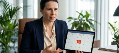A professional woman explaining the 15-day refund policy while holding a tablet showing a calendar.