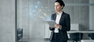 An analytical expert reviewing digital plans in a modern office setting.