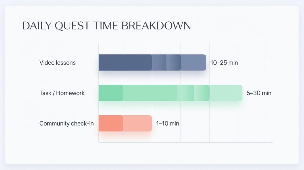 Bar chart illustrating the time commitment for a Mindvalley Quest: Video lessons, Tasks, and Community check-ins.