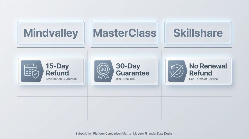 Comparison matrix of refund policies for Mindvalley, MasterClass, and Skillshare.