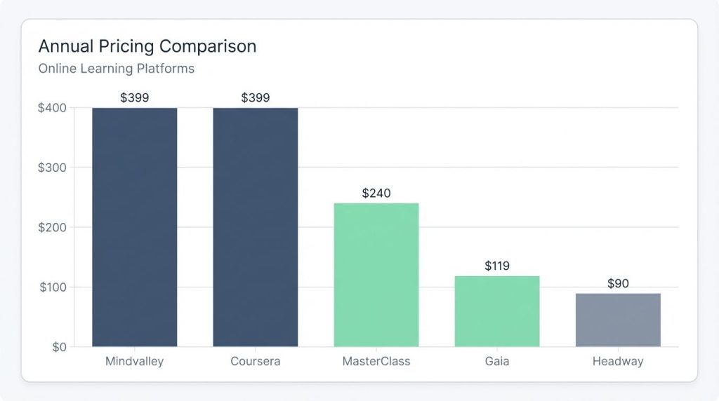 Bar chart comparing annual subscription prices of Mindvalley, MasterClass, Coursera, Gaia, and Headway. Bar chart comparing annual subscription prices of Mindvalley, MasterClass, Coursera, Gaia, and Headway.