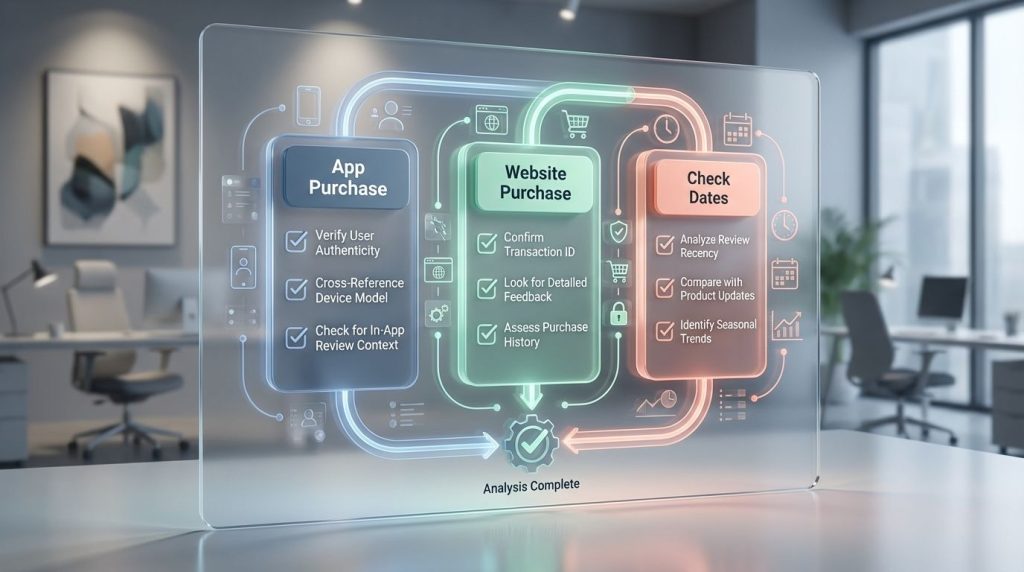 Infographic checklist showing what to look for in Trustpilot reviews: App vs Website purchase and dates. Infographic checklist showing what to look for in Trustpilot reviews: App vs Website purchase and dates.