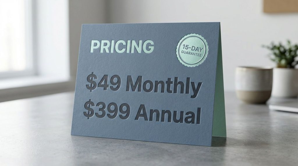 Pricing card display showing $49 Monthly vs $399 Annual membership costs. Pricing card display showing $49 Monthly vs $399 Annual membership costs.