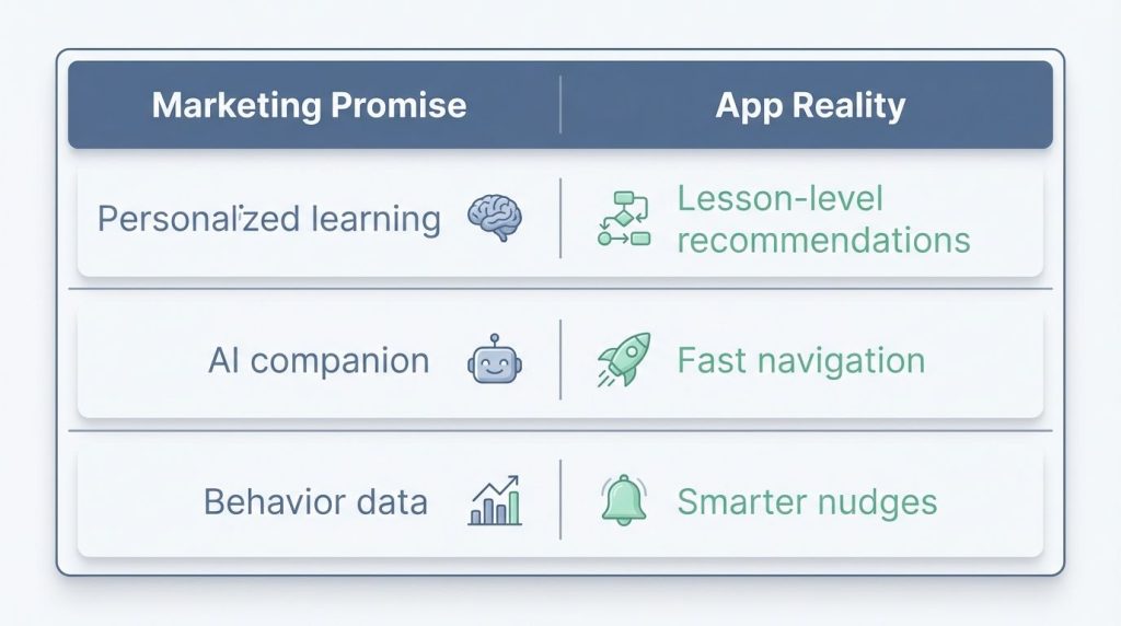 A chart comparing Mindvalley marketing terms with actual app features. A chart comparing Mindvalley marketing terms with actual app features.