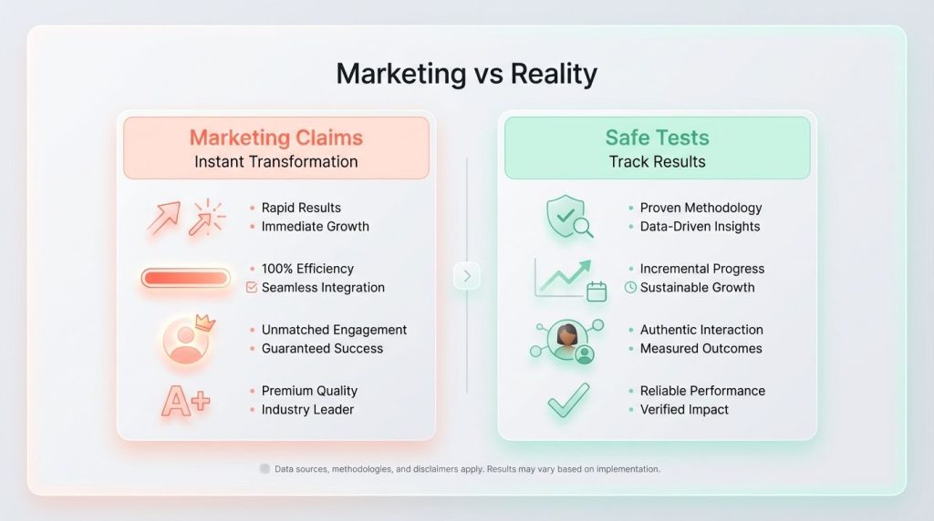 A comparison chart showing Marketing Claims versus Safe Tests for personal growth programs. A comparison chart showing Marketing Claims versus Safe Tests for personal growth programs.