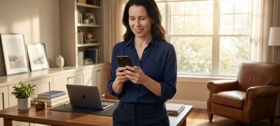 A confident man in smart-casual attire checking the Mindvalley app on a smartphone in a modern home office.