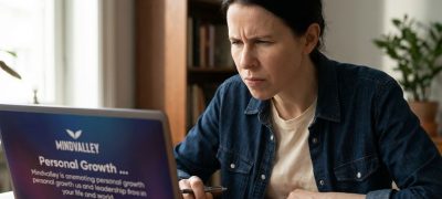 A thoughtful reviewer analyzing Mindvalley content on a laptop in a modern home office setting.