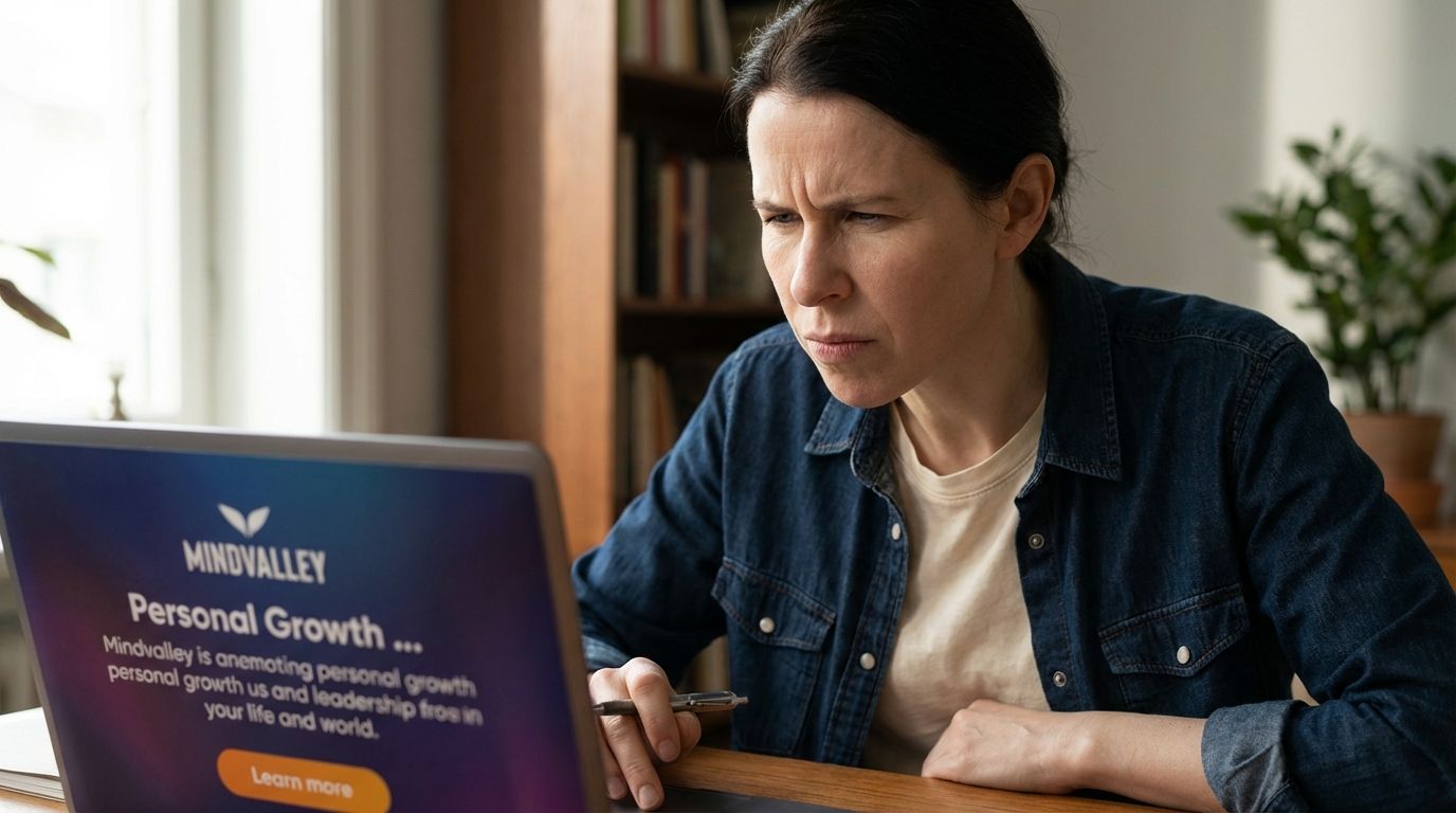 A thoughtful reviewer analyzing Mindvalley content on a laptop in a modern home office setting. A thoughtful reviewer analyzing Mindvalley content on a laptop in a modern home office setting.