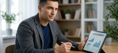 A man reviewing the Mindvalley pricing and daily commitment on a tablet in a home office.