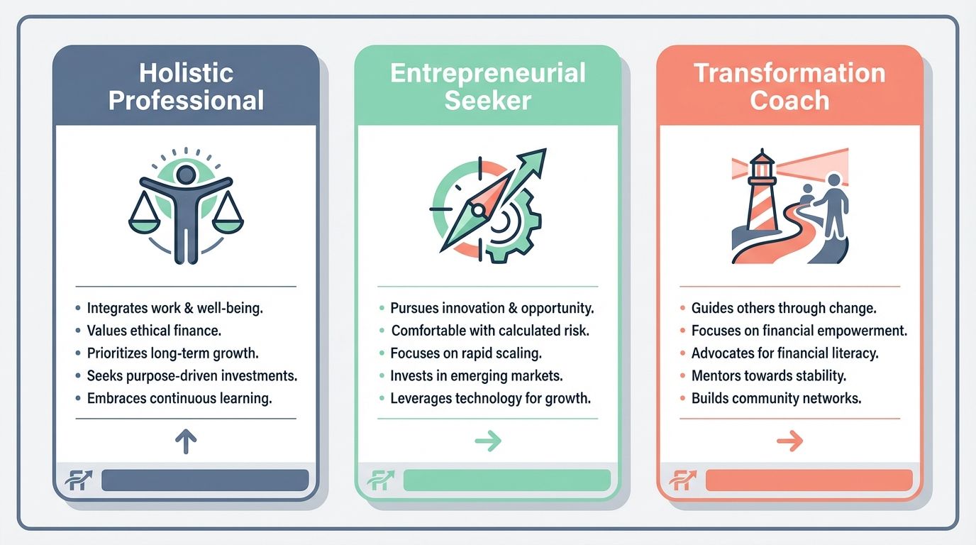 A minimalist digital chart displaying the three user archetypes: Holistic Professional, Entrepreneurial Seeker, and Transformation Coach. A minimalist digital chart displaying the three user archetypes: Holistic Professional, Entrepreneurial Seeker, and Transformation Coach.