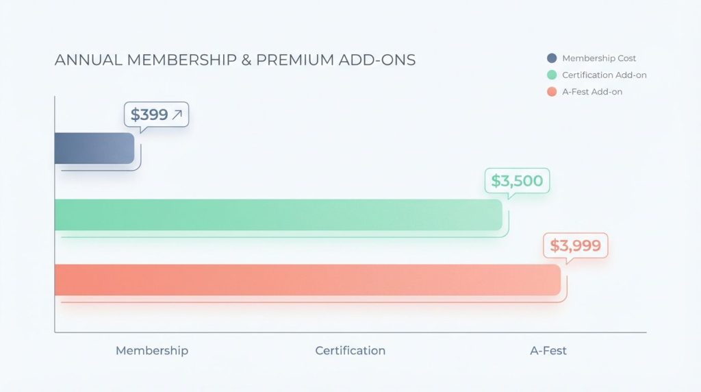 Bar chart comparing Mindvalley membership fees to add-on costs like certification and events.